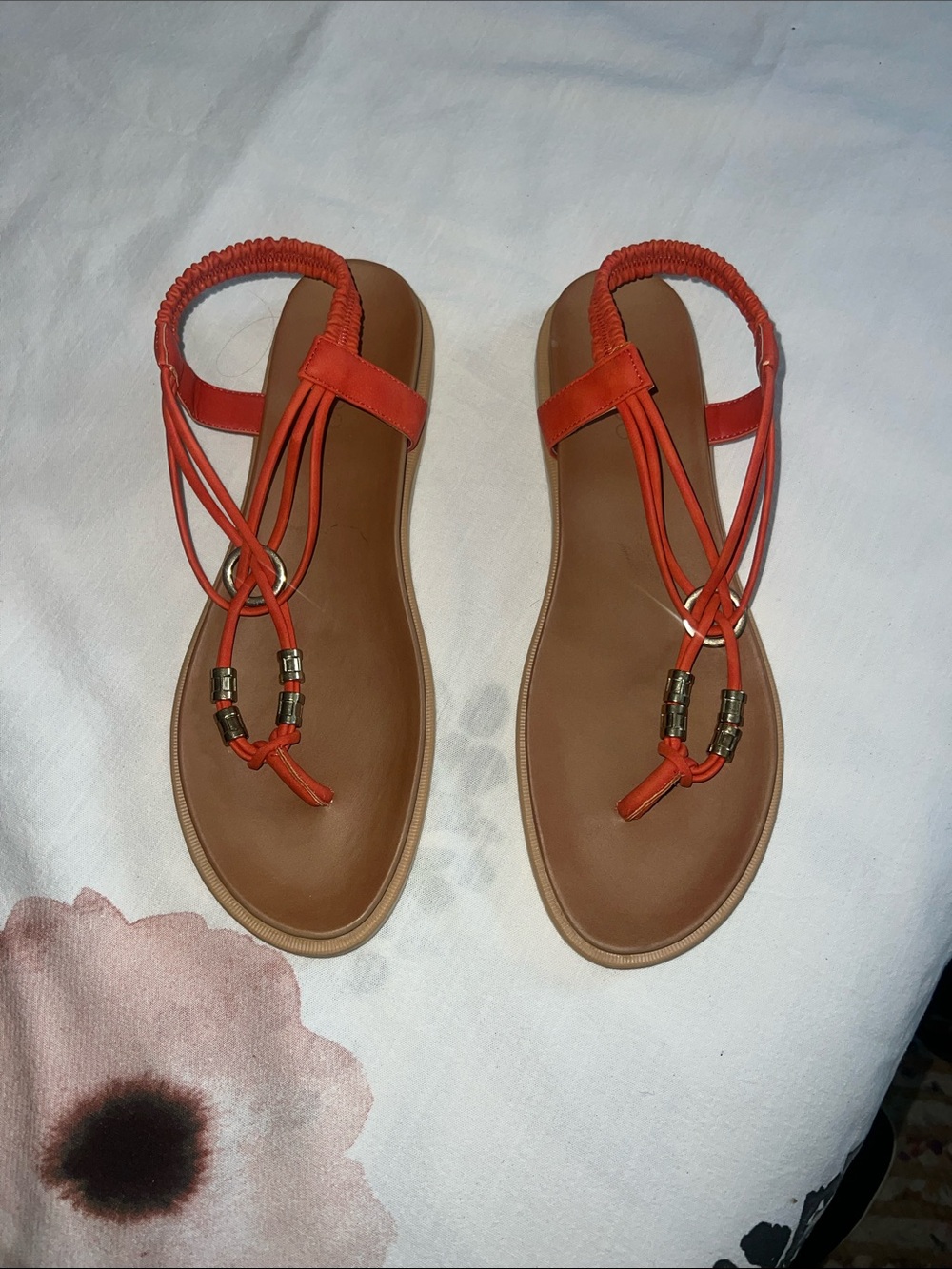 Women's Orange Elastic Slingback T-Strap Sandals